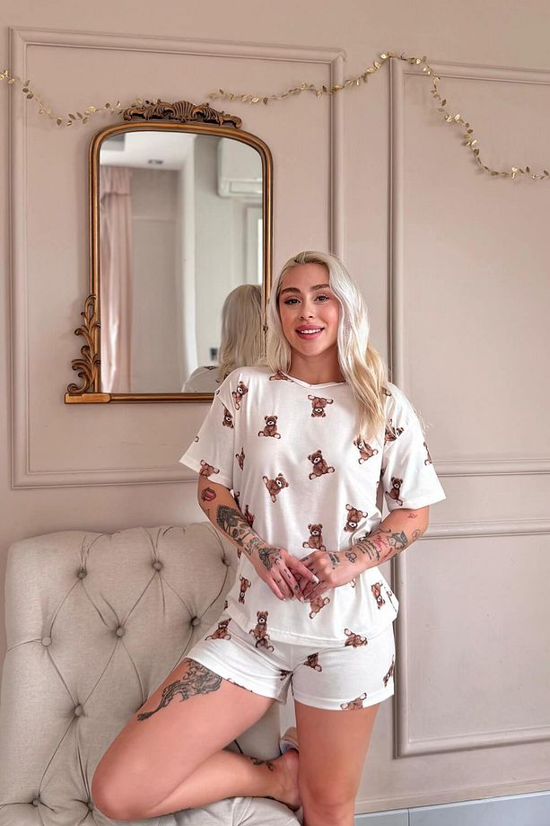 Beige Teddy Desenli Kısa Kollu Şortlu Örme Kadın Pijama Takımı - 3