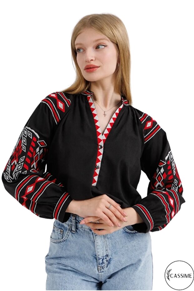 Women's Ethnic Embroidered Vintage Black Linen Cotton Blend Blouse