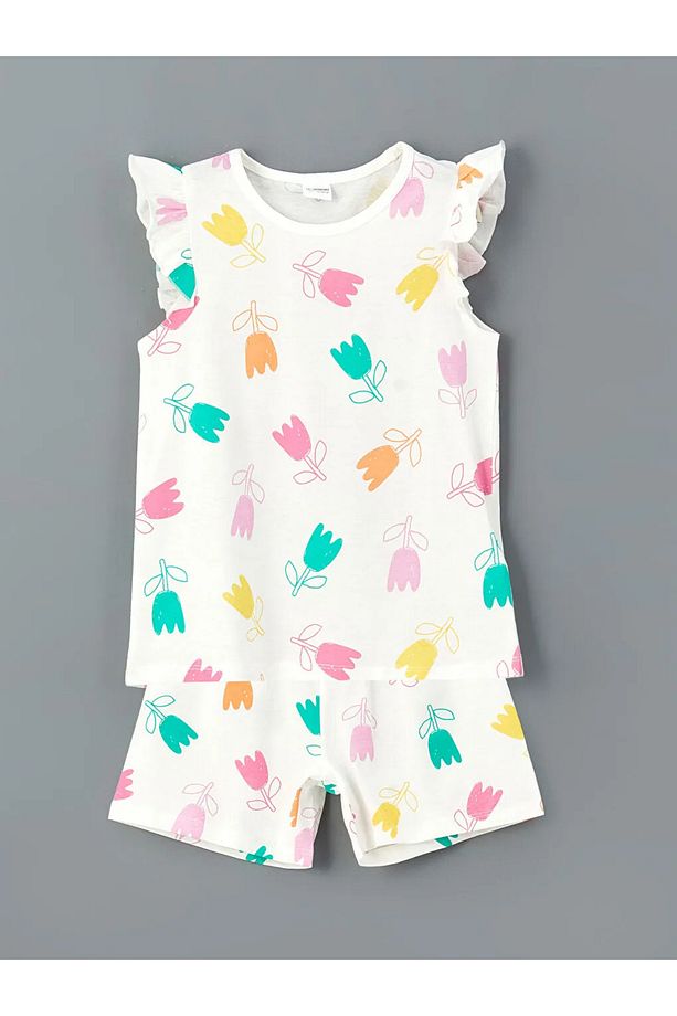 LCW Kids Ekru Bisiklet Yaka Çiçekli Kız Çocuk Şortlu Pijama Takımı - 1
