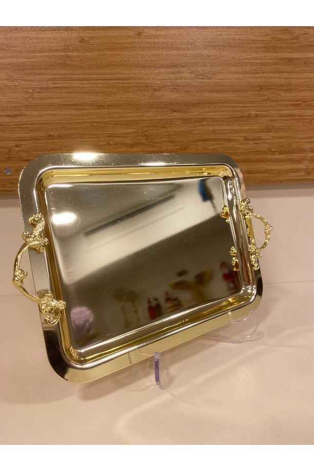 TEPSİ TEK KİŞİLİK KAHVE SUNUM ALTIN PİRİNÇ 22X16 CM - 4