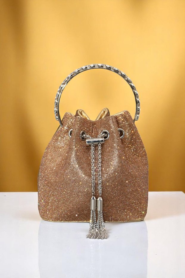 Women's Gold Design Evening Dress Bag. Tassel Detailed Stone Embroidered Handbag.