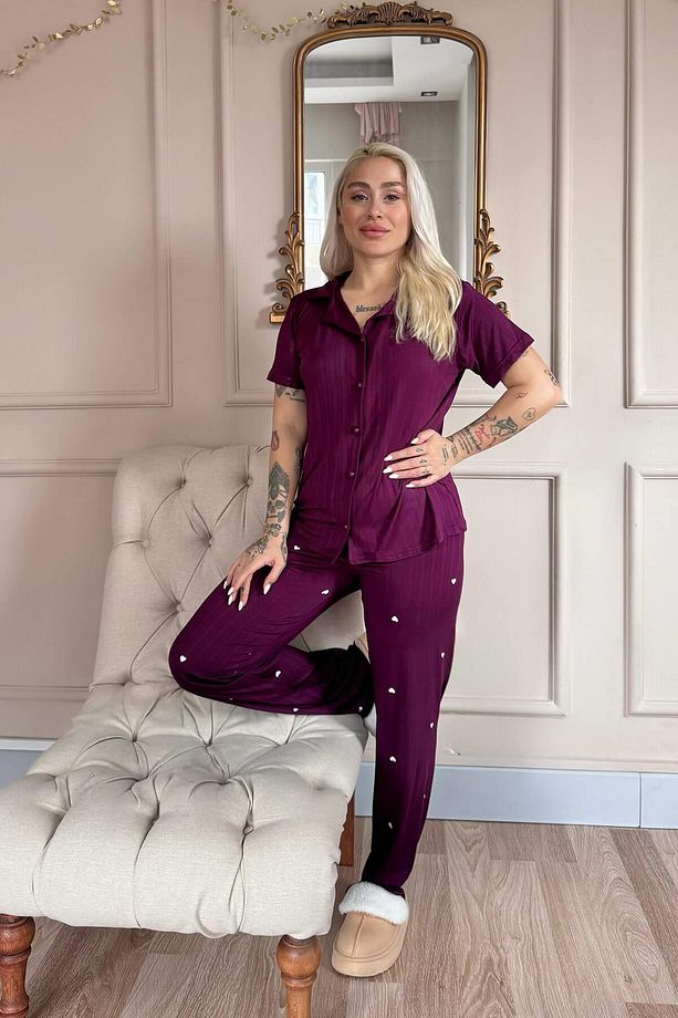 Mürdüm Amour Desenli Önden Düğmeli Marlenka Pijama Takımı - 6