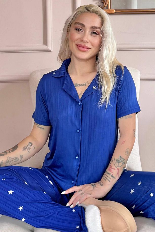 Gece Mavisi Nuit Stellaire Desenli Önden Düğmeli Marlenka Pijama Takımı - 1