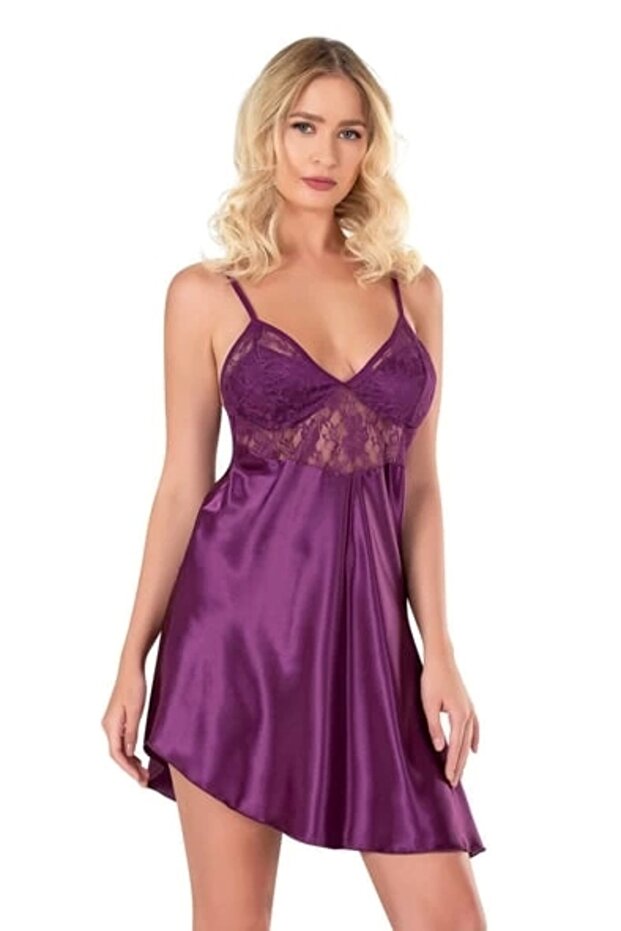 Purple Satin Fabric Tulle Detailed Short Nightgown