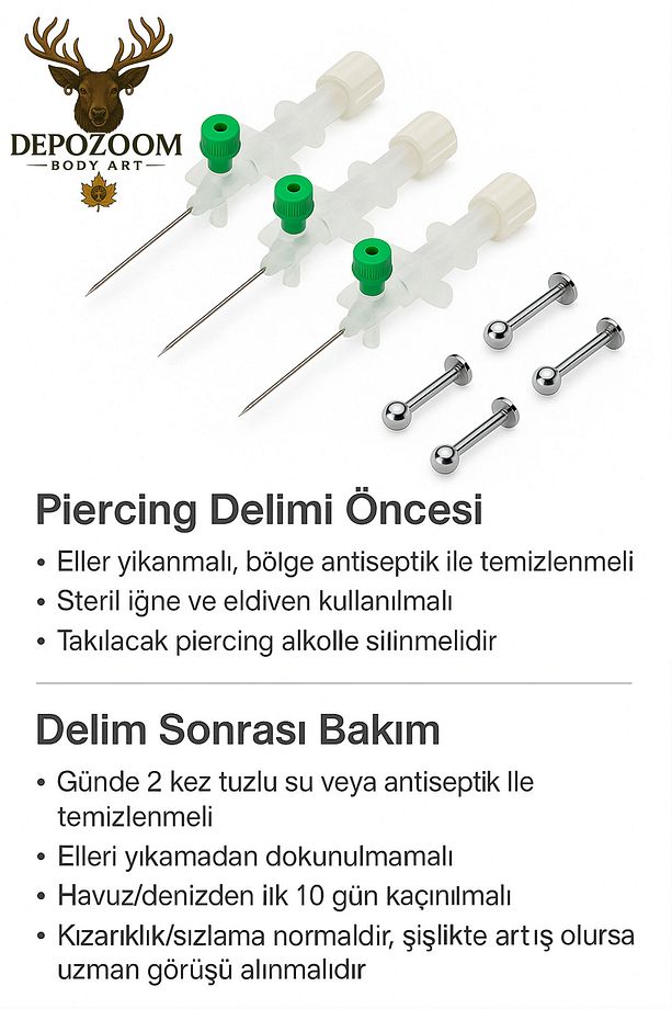 Kanül İntraket YEŞİL 3 adet Kulak delim iğnesi 3 adet TİTANYUM piercing +3 hediye 316L 1,2x08 mm - 2