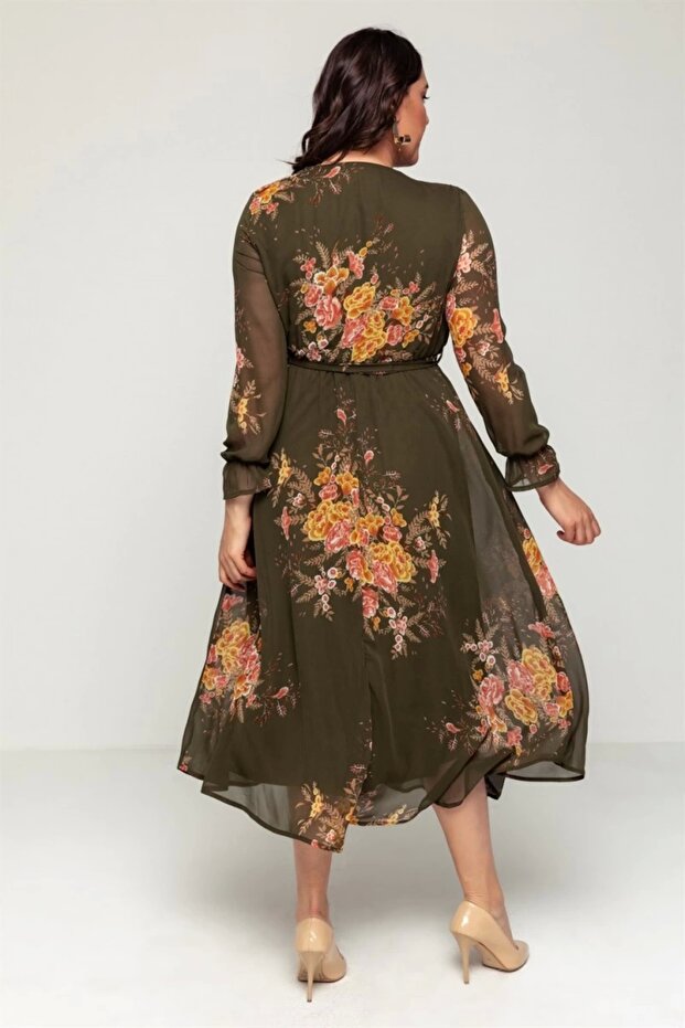 Uzun Sarı çiçekli Şifon Elbise - Haki - 3