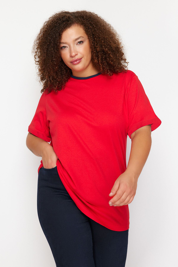 Boyfriend vágott piros, blokkolt pamut póló - TBBSS24BF00012 - 1