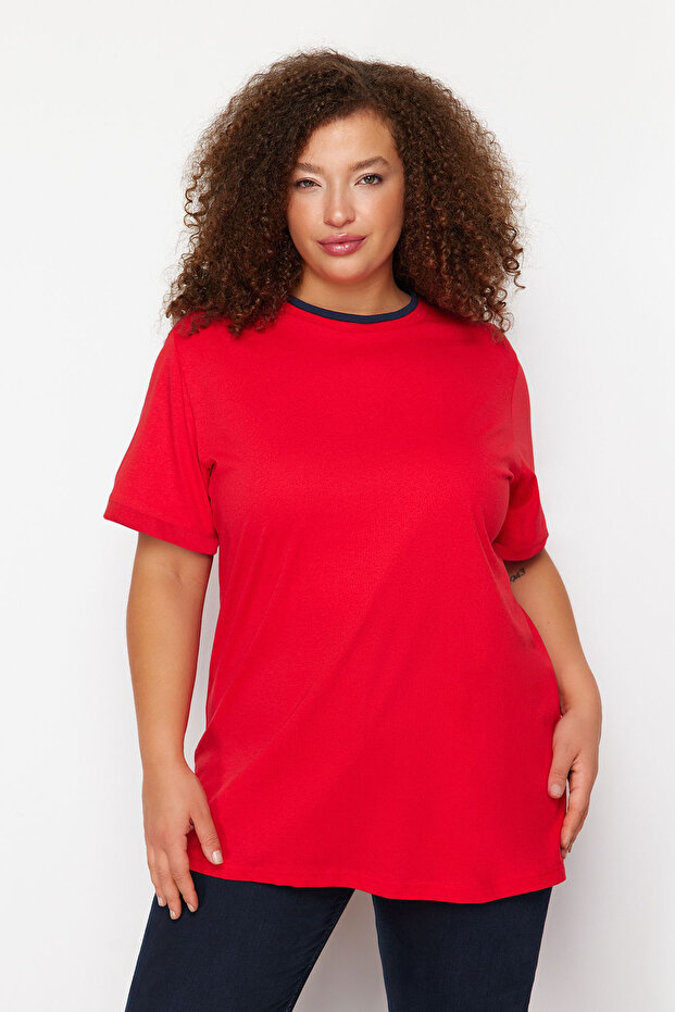 Boyfriend vágott piros, blokkolt pamut póló - TBBSS24BF00012 - 2