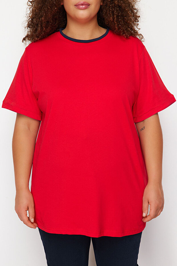 Boyfriend vágott piros, blokkolt pamut póló - TBBSS24BF00012 - 4