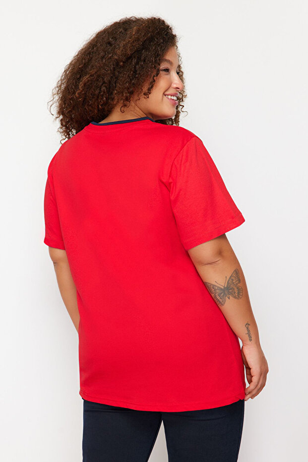 Boyfriend vágott piros, blokkolt pamut póló - TBBSS24BF00012 - 6