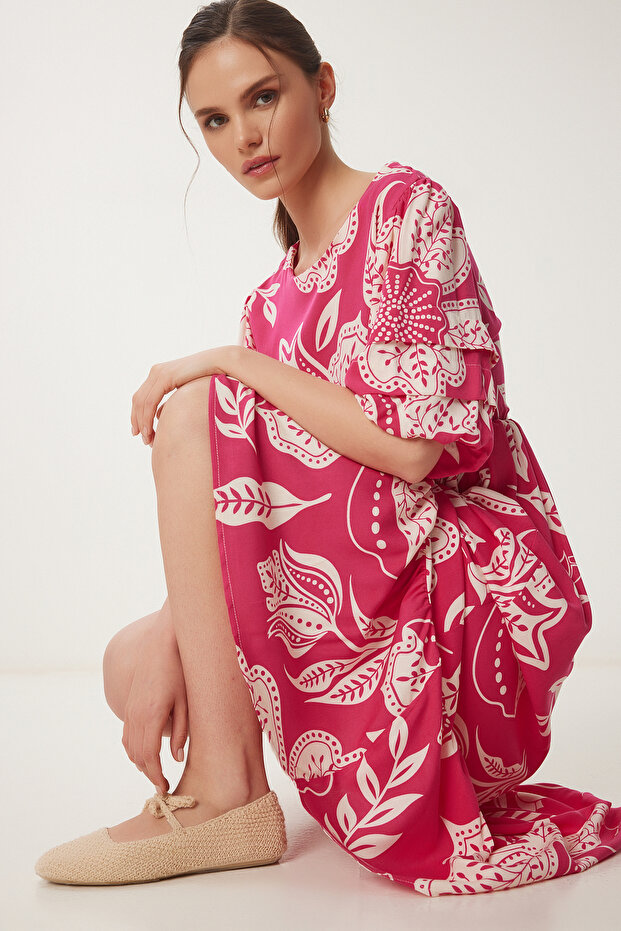 Women's Pink Bone Patterned Summer Woven Dress RG00055