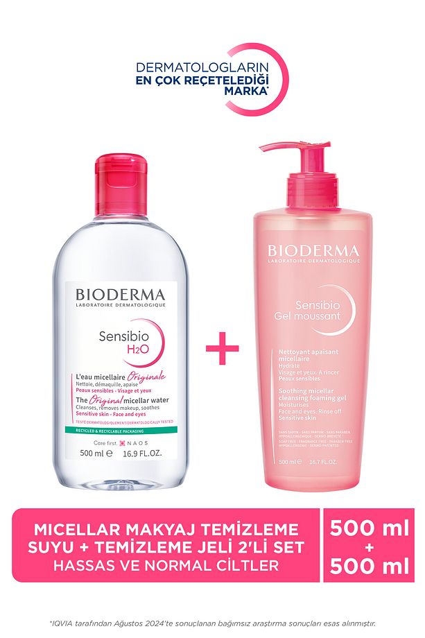 Hassas ve Normal Ciltler 500 ml H2O Micellar Makyaj Temizleme Suyu & 500 ml Temizleme Jeli 2'li Set - 1