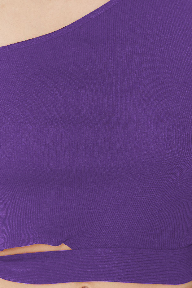 Mürdüm tek Omuz Fitted/Vücuda Oturan Bağlama Detaylı Fitili Örme Bluz TWOSS22BZ1558 - 4