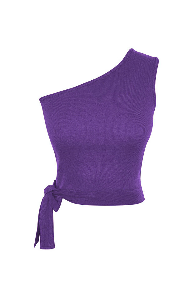 Mürdüm tek Omuz Fitted/Vücuda Oturan Bağlama Detaylı Fitili Örme Bluz TWOSS22BZ1558 - 8
