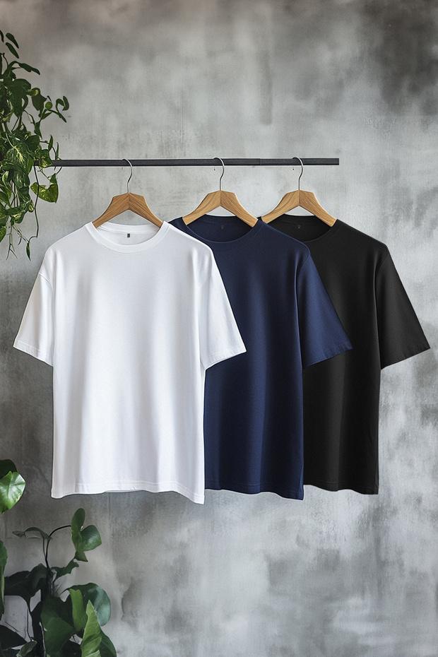 Unisex Siyah-Beyaz-Lacivert Oversize/Geniş Kesim 3'lü Paket %100 Pamuk T-Shirt TMNSS24TS00026 - 2