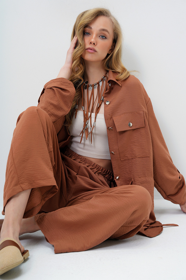 Brown Double Pocket Safari Jacket and Wide Leg Aerobin Trousers Set with Elastic Waist Ymx8448
