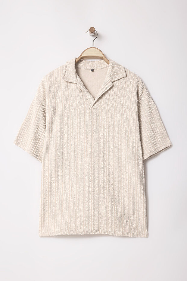 Limited Edition Vizon Oversize/Geniş Kesim Dokulu Polo Yaka T-shirt TMNSS25PO00031 - 3