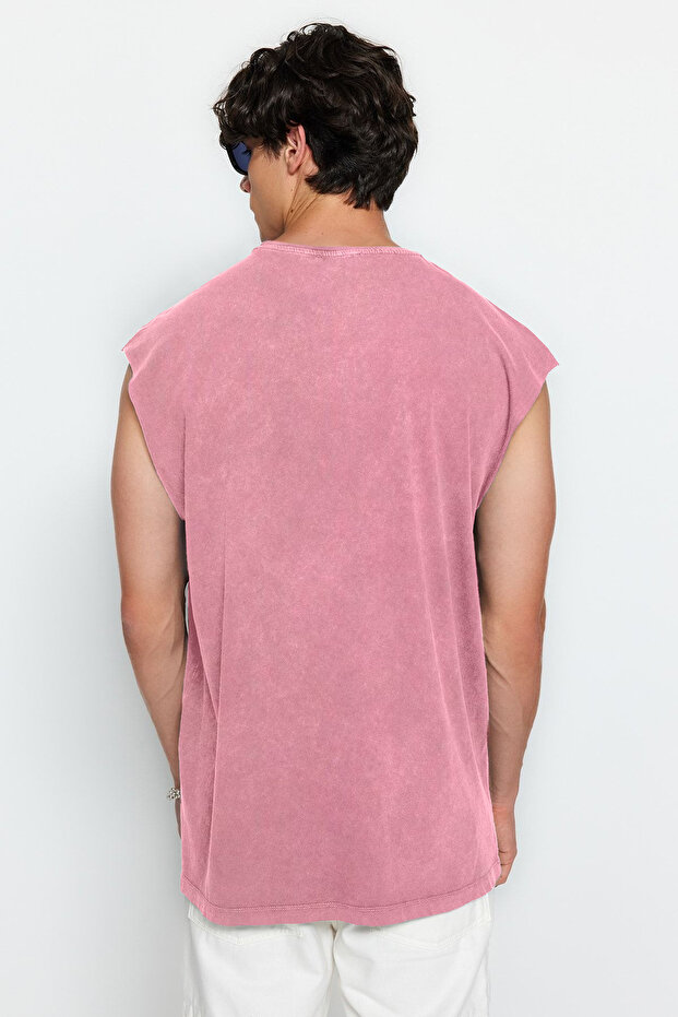 Gül Kurusu Oversize/Geniş Kesim Soluk Efektli Yazı Baskı %100 Pamuk T-Shirt/Atlet TMNSS23AL00009 - 6