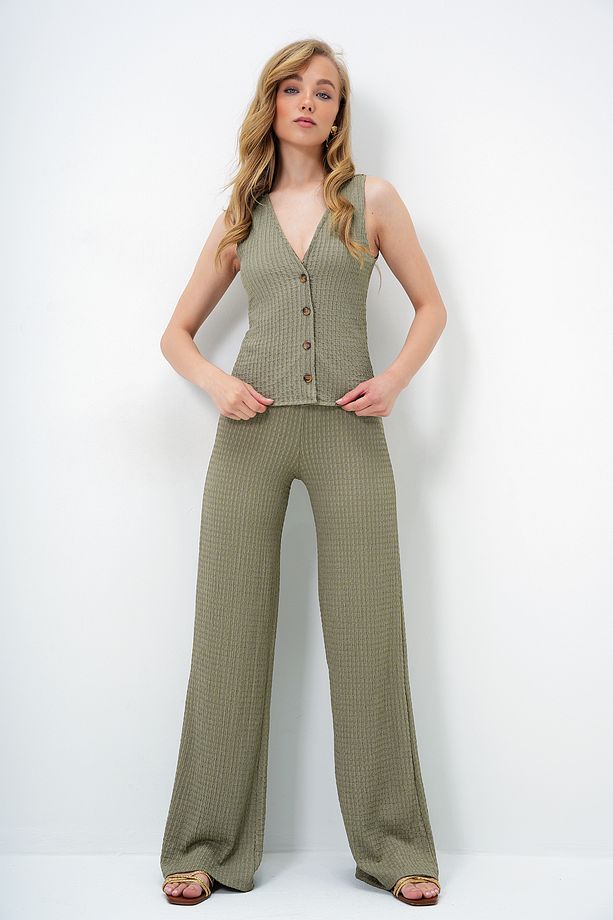 Kadın Haki Slim Fit V Yaka Düğmeli Yelek Ve Pantolon Takım ALC-X13583 - 5