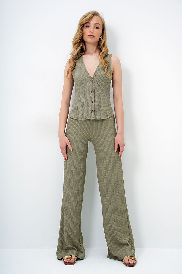Kadın Haki Slim Fit V Yaka Düğmeli Yelek Ve Pantolon Takım ALC-X13583 - 1