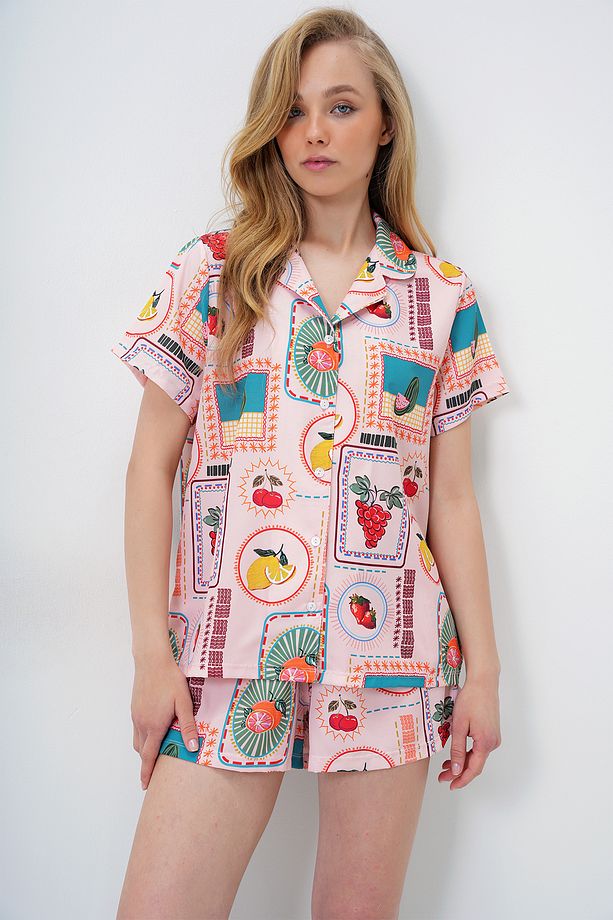 Kadın Pudra Desenli Önü Düğmeli Dokuma Gömlek Ve Şort Pijama Takım PJM-X13890 - 4