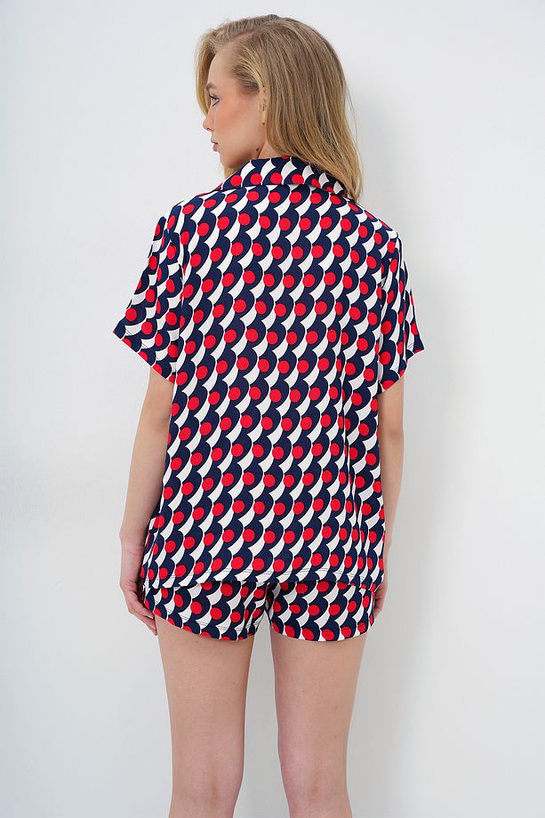 Kadın Lacivert Geometrik Desenli Önü Düğmeli Dokuma Gömlek Ve Şort Pijama Takım PJM-X13889 - 7