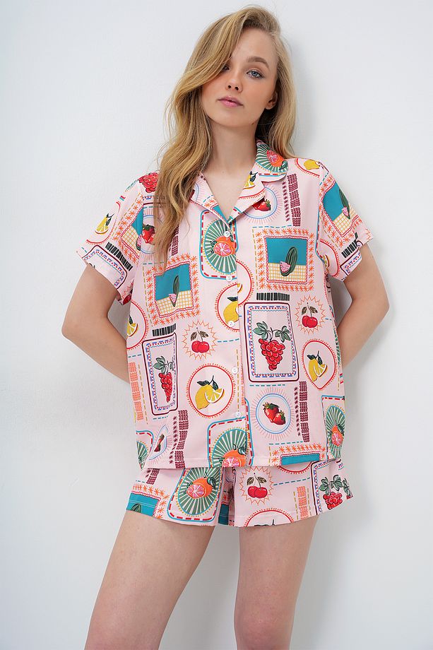 Kadın Pudra Desenli Önü Düğmeli Dokuma Gömlek Ve Şort Pijama Takım PJM-X13890 - 3