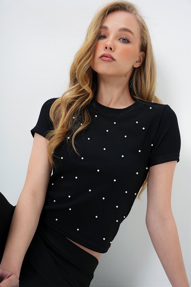 Women's Black Crew Neck Pearl Studded Ottoban Crop Blouse Alc-X13918
