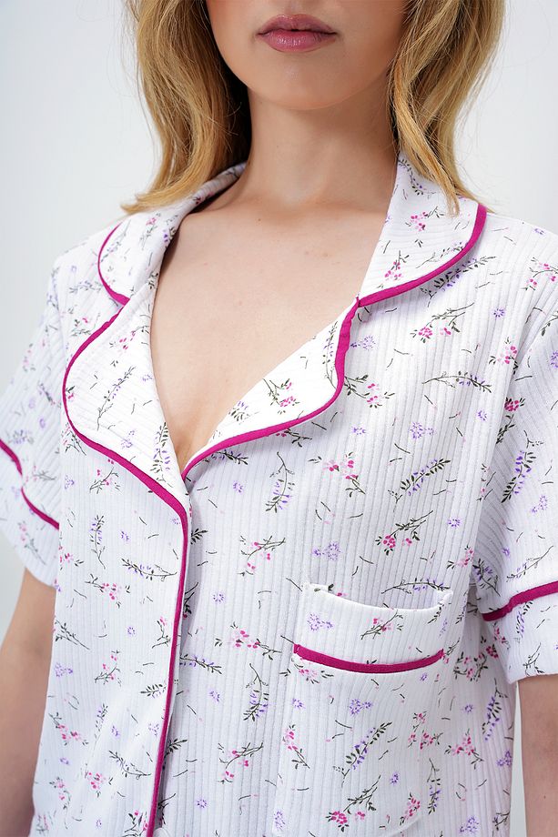 Kadın Mikro Çiçek Fuşya Tek Cepli Biye Detaylı Pamuklu Gömlek Ve Şortlu Pijama Takımı PJM-X13911 - 7