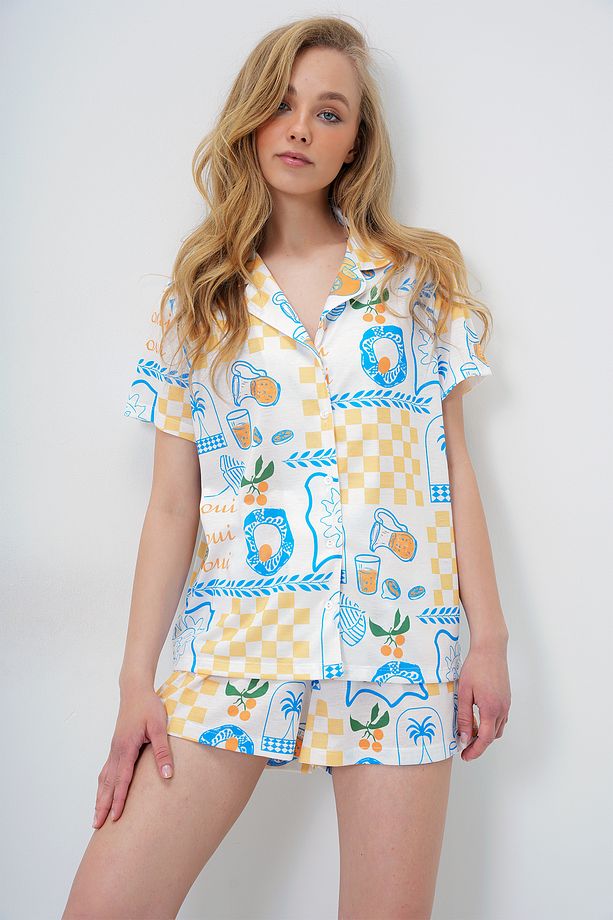 Kadın Mavi-Sarı Yazlık Pamuk Örme Gömlek Ve Şort Pijama Takım ALC-X14085 - 1
