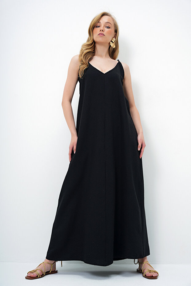 Black Adjustable Strap V-Neck Aerobin Summer Dress Alc-X14067