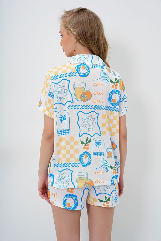 Kadın Mavi-Sarı Yazlık Pamuk Örme Gömlek Ve Şort Pijama Takım ALC-X14085 - 6