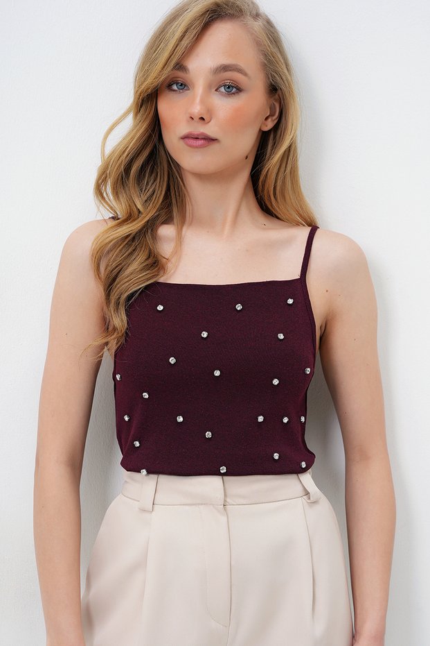 Women's Burgundy Square Collar Trok Stone Pocketed Rope Strap Blouse Alc-X13884