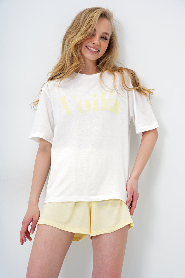 Butter Yellow Front Text Printed Cotton Basic T-Shirt and Shorts Combed Cotton Bottom Top Set Pjm-X13902