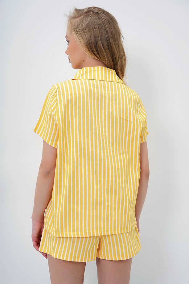 Kadın Sarı Yazlık Pamuk Örme Gömlek Ve Şort Pijama Takım ALC-X14085 - 6