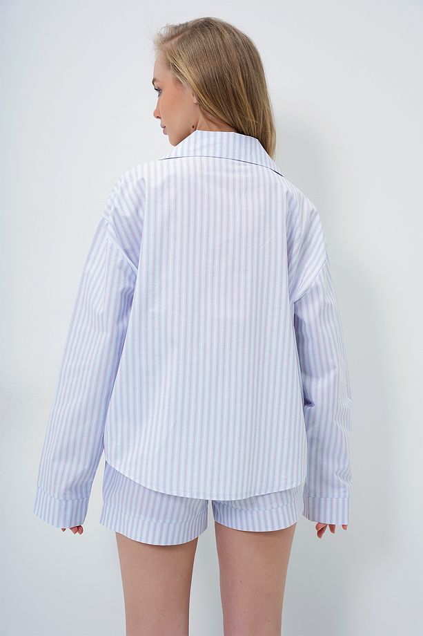 Kadın Pembe Mavi Duble Manşet Ve Paça Detaylı Dokuma Gömlek Ve Şortlu Pijama Takımı PJM-X13919 - 7