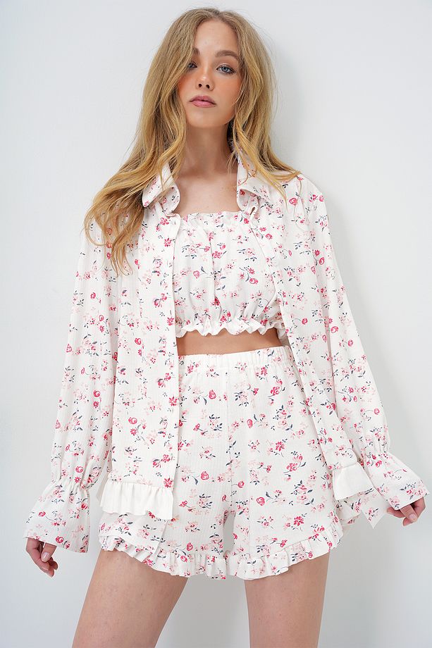 Mikro Çiçek Nar Pamuklu Fırfır Detaylı Büstiyer Şort Ve Kimonolu 3'Lü Pijama Takımı PJM-X13897 - 4