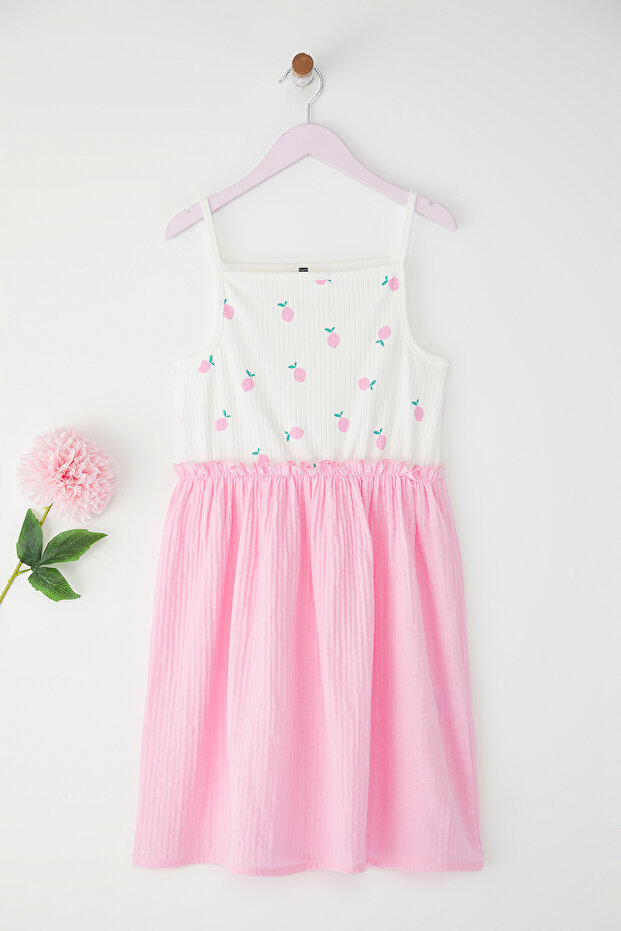 Pembe Kız Çocuk %100 Pamuk Renk Bloklu Askılı Mini Örme Elbise TKDSS25EL00073 - 3