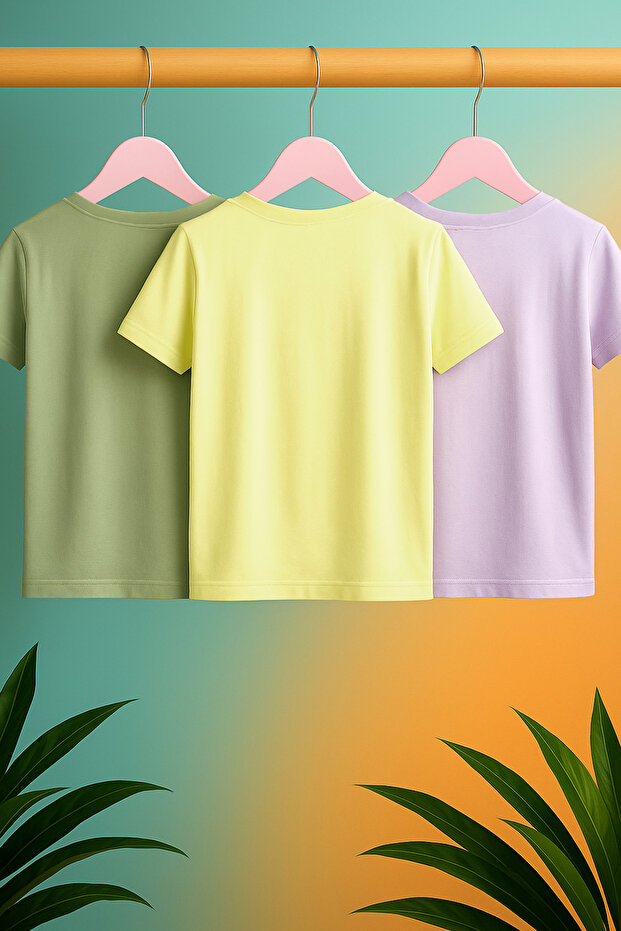 Lila-Sarı-Mint 3'lü Kız Çocuk %100 Pamuk Basic Kısa Kol Örme T-Shirt TKDSS25TS00023 - 2