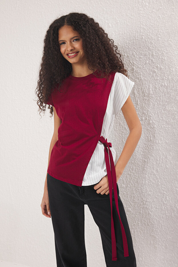 Bordo Dokuma Garni ve Bağlama Detaylı Relaxed/Rahat Kalıp Örme Bluz TWOSS25BZ0009 - 1
