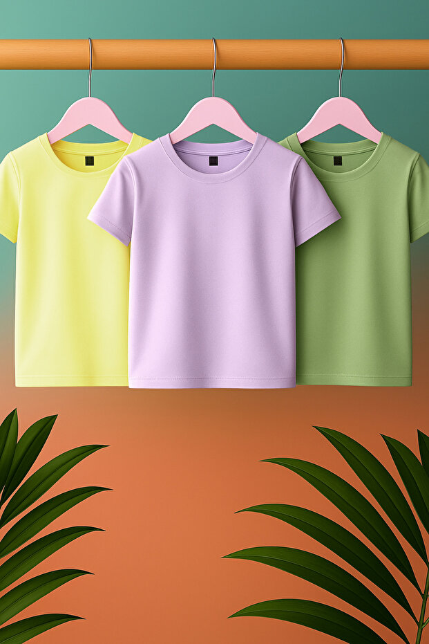 Lila-Sarı-Mint 3'lü Kız Çocuk %100 Pamuk Basic Kısa Kol Örme T-Shirt TKDSS25TS00023 - 1