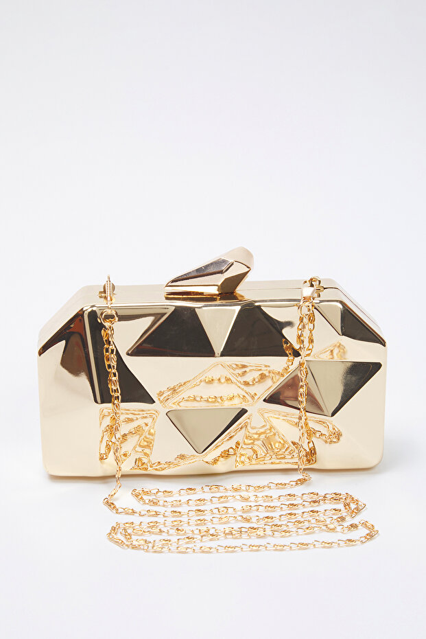 Metalik Altın Üç Boyutlu Abiye Kadın Şık Mini Boy Clutch El Çantası TAKSS25OC00064 - 4