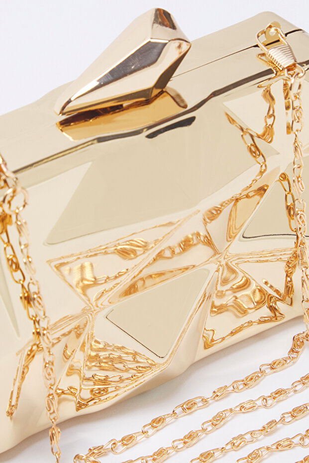 Metalik Altın Üç Boyutlu Abiye Kadın Şık Mini Boy Clutch El Çantası TAKSS25OC00064 - 6