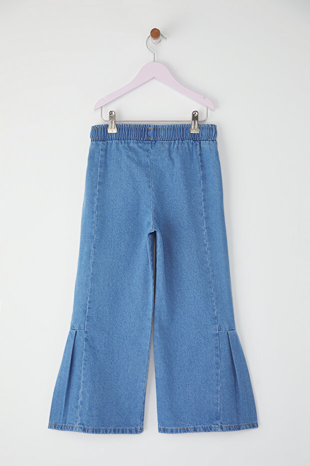Açık Mavi Kız Çocuk %100 Pamuk Fırfırlı İspanyol Paça Lastikli Denim Pantolon TKDSS25PL00010 - 5