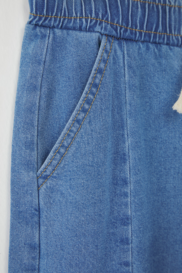 Açık Mavi Kız Çocuk %100 Pamuk Fırfırlı İspanyol Paça Lastikli Denim Pantolon TKDSS25PL00010 - 4