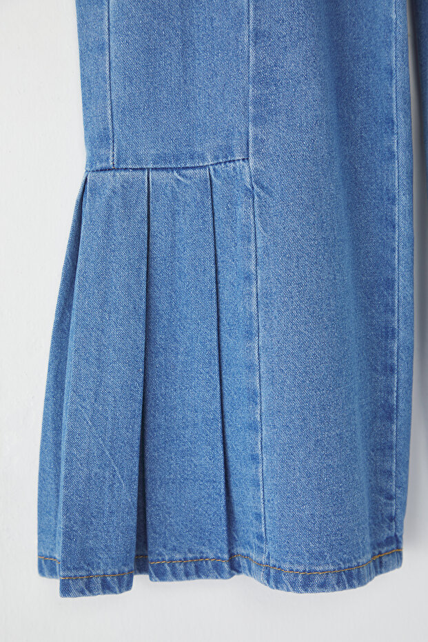 Açık Mavi Kız Çocuk %100 Pamuk Fırfırlı İspanyol Paça Lastikli Denim Pantolon TKDSS25PL00010 - 3