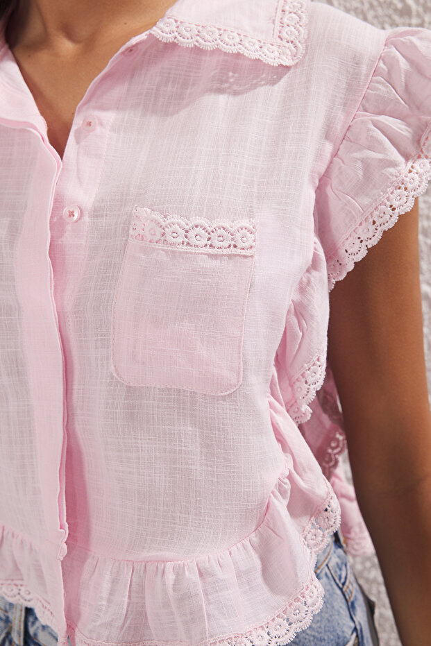 Açık Pembe Pembe Fırfır Detaylı Kolsuz Gömlek Gömlek TWOSS25GO00157 - 3