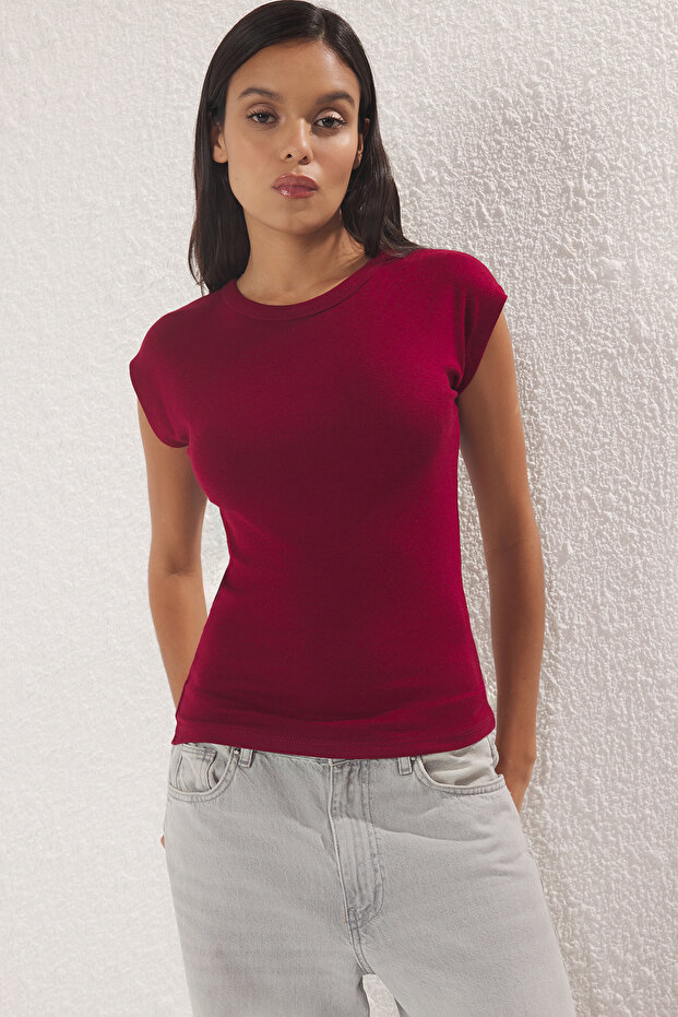 Bordo Viskoz/Yumuşak Kumaş Fitted/Vücuda Oturan Ay Kol Esnek Örme Bluz TWOSS23BZ00992 - 2