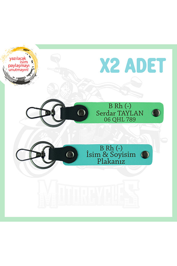 Exclusive for Biker Stile, Leather 2-Keychain with Name Plate and B Rh (-) Blood Group Written, Turquoise-F. Green