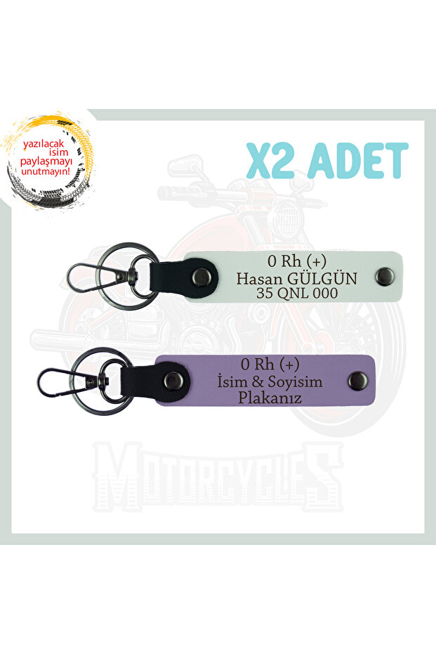 Motorcuya Custom, Name Plate and 0 Rh (+) Blood Group Written Custom Production X2 Keychain, Purple Violet-Burgundy
